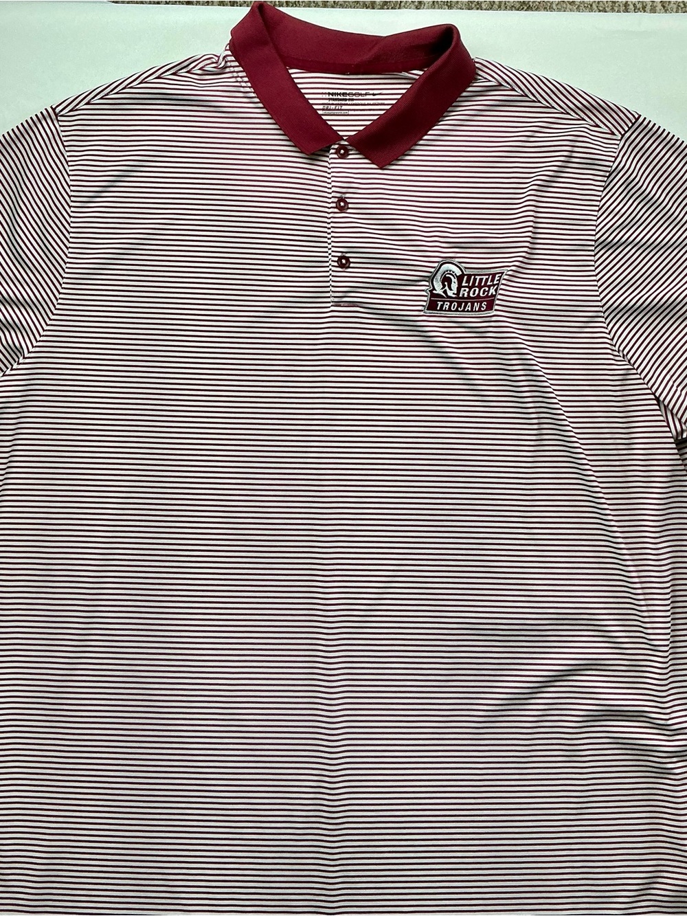 Nike Men's Maroon and White Striped Polo with Little Rock Trojans Logo